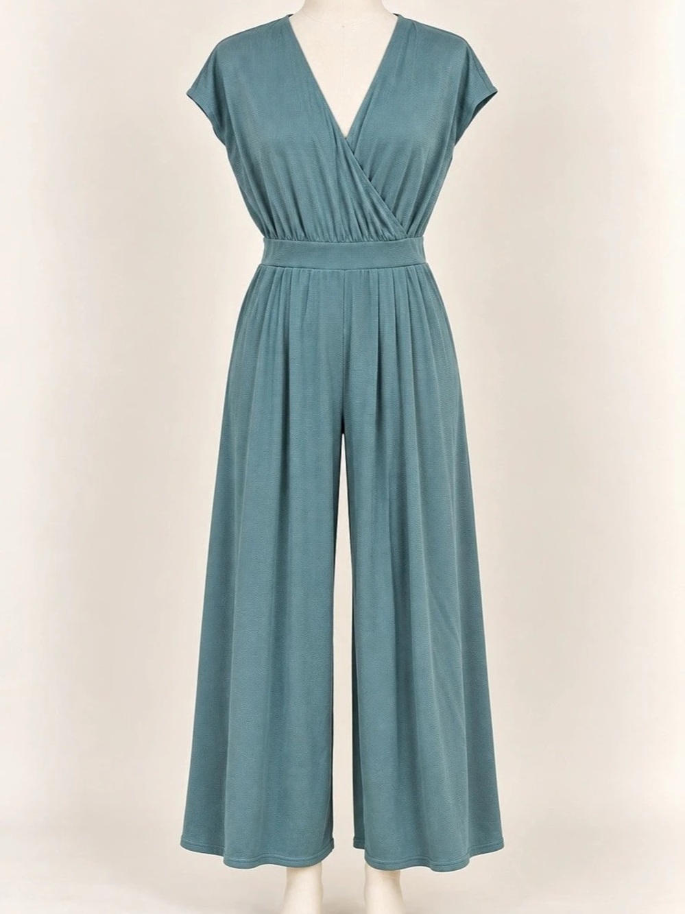 Halara S Teal Surplice V Neck Wide Leg Jumpsuit Short Sleeve Flowy